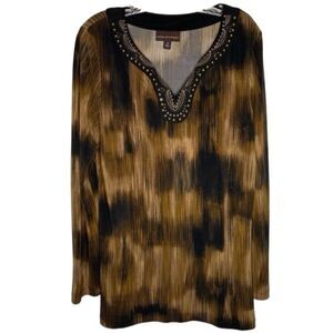 Dana Buchman Tunic Womens M Brown Black Gold Embellished V Neck Long Sleeve Top